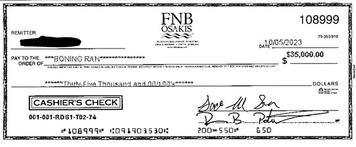First National Bank Osakis Fraudulent check 2